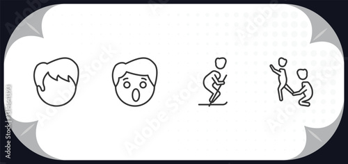outline icons set - people concept. heads, surprised smile, ski stick man, helping other to jump.