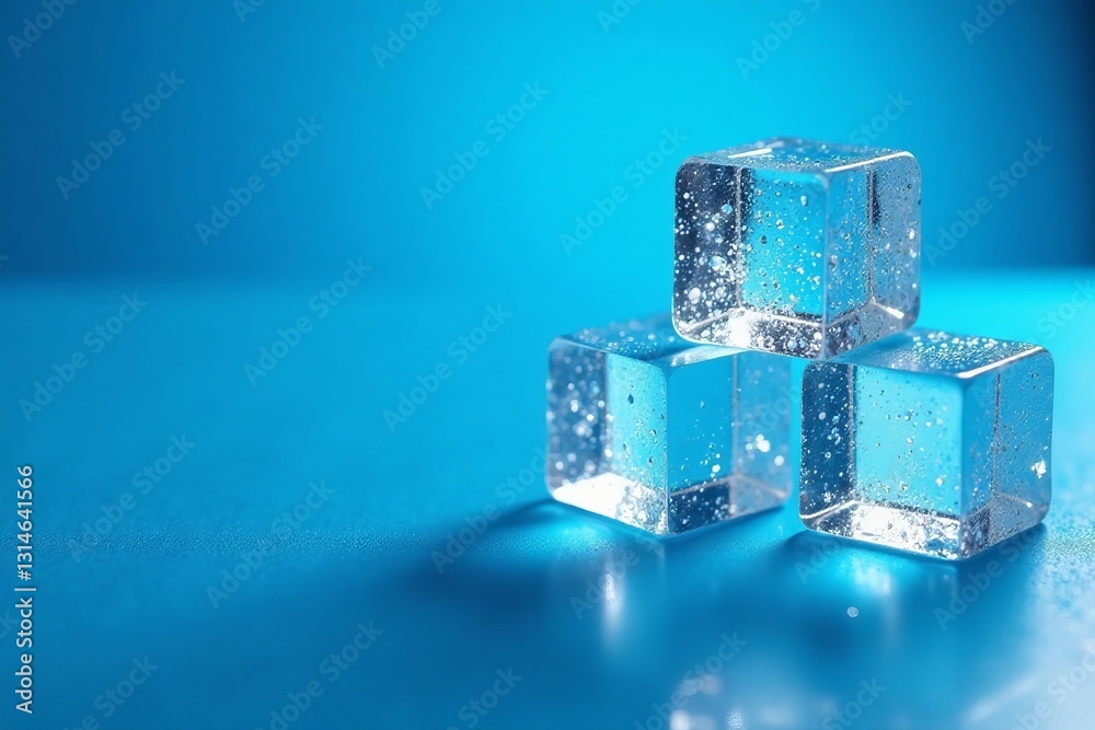 Close-up of ice cubes on vibrant blue background, frozen, cold, texture Close-up of ice cubes on vibrant blue background, frozen, cold, texture