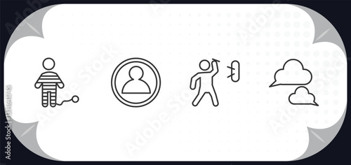 outline icons set - people concept. war prisioner, male users, man throwing a dart, chat balloon.