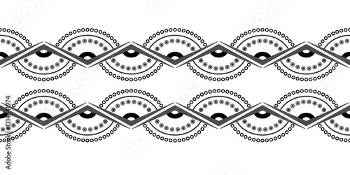 Geometric monochrome seamless border. Zigzag lace ornament of semicircles and angles. Black geometric shapes on a white background. Concentric arcs made from small circles.
