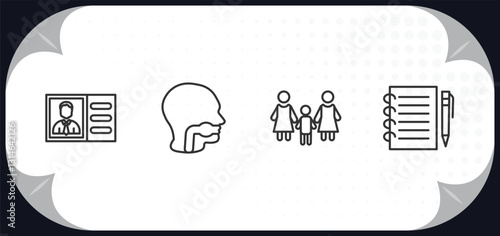 outline icons set - people concept. identification ard, throat, lesbian couple and son, pencil and notebook.