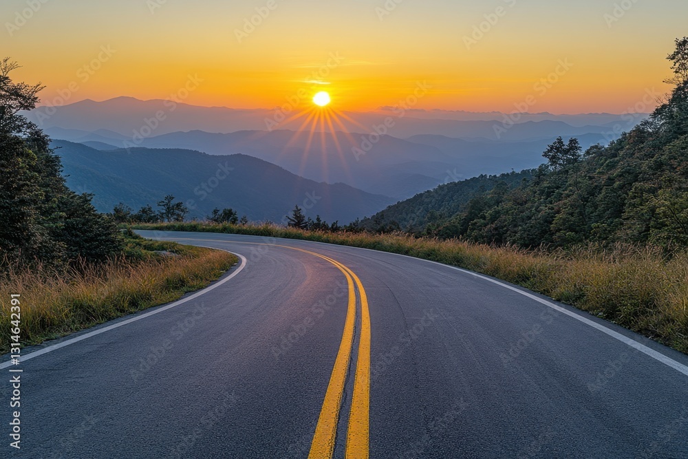 Scenic mountain road at sunrise with vibrant sky and golden sunlight illuminating the winding asphalt and distant mountain range creating a peaceful landscape