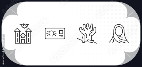 outline icons set - other concept. church with bats, idea business card, tombstone zombie hand, muslim woman with hijab.
