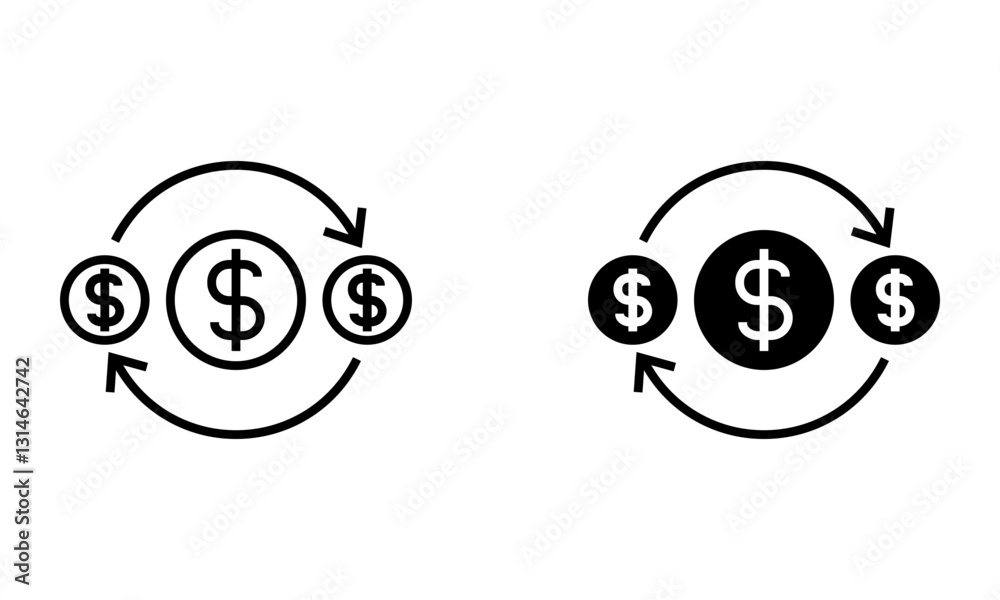 Money coin with a circle arrow, illustration of money exchange and transfer icon vector