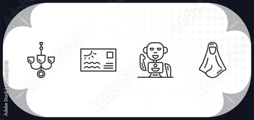 outline icons set - other concept. chandeliers, sea business card, robot of japan, araba woman.