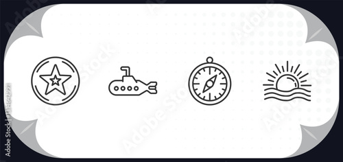 outline icons set - nautical concept. star inside circle, submarine facing right, compass inclined, sun shining.