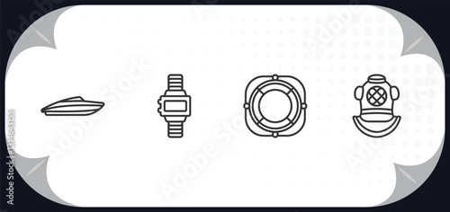 outline icons set - nautical concept. speed boat, water resist watch, lifesaver, diving helmet.