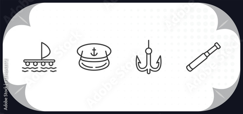 outline icons set - nautical concept. wood raft, sailor cap, bait, nautical monocular.