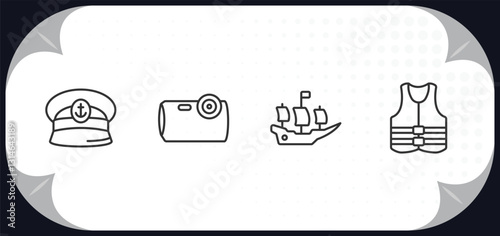 outline icons set - nautical concept. captain hat, water resist camera, pirate ship, life jacket.