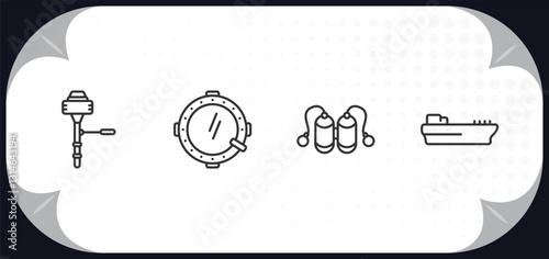 outline icons set - nautical concept. boat engine, porthole, aqualung, tanker ship.