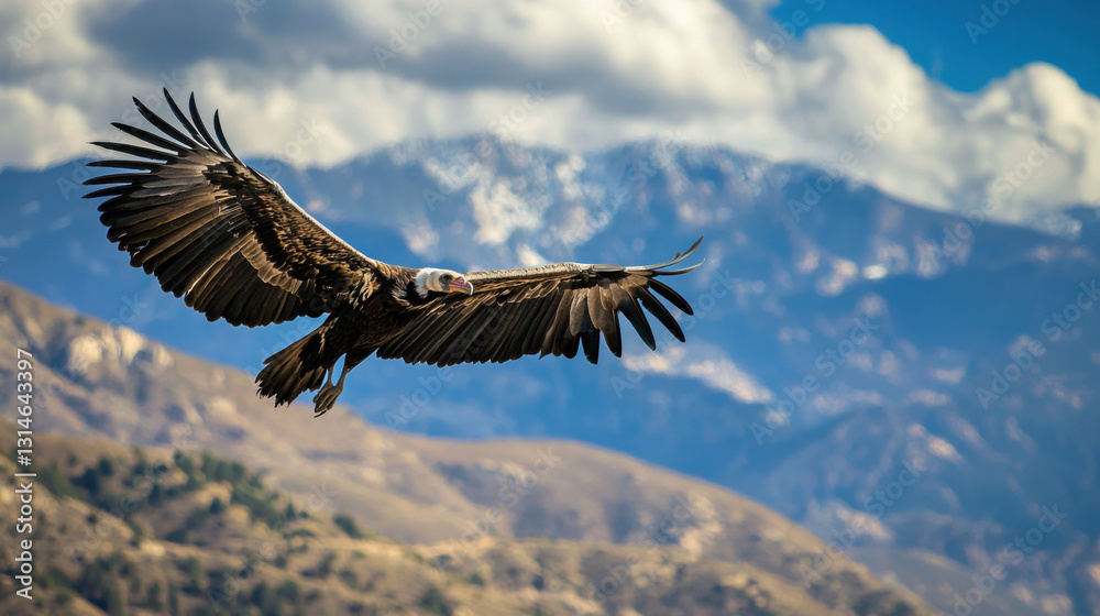 Naklejka premium Majestic vulture soaring over mountainous landscape high altitude wildlife photography natural environment aerial view freedom