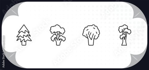 outline icons set - nature concept. balsam fir tree, black locust tree, black walnut tree, shagbark hickory