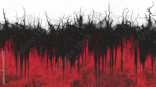Abstract blood dripping from dark tendrils on white background