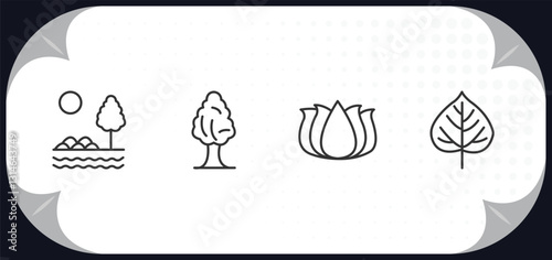outline icons set - nature concept. savannah, black ash tree, beautiful lotus flower, quaking aspen tree.