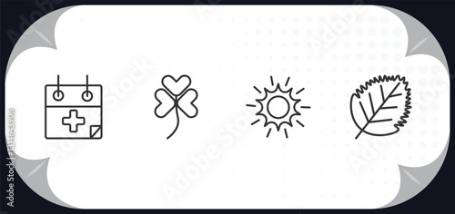 outline icons set - nature concept. treatments, trifoliate ternate, shining sun with rays, birch leaf.