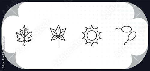 outline icons set - nature concept. gooseberry leaf, chestnut leaf, sol, fertilize clinic.