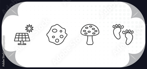 outline icons set - nature concept. solar, orbicular, amanita, four toe footprint.