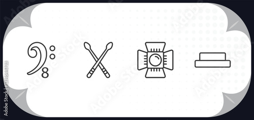 outline icons set - music and media concept. octave clef, drumsticks, music spotlight, half rest.