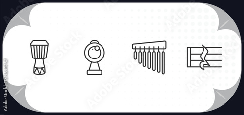 outline icons set - music and media concept. djembe, webcam video call, chimes, quarter note rest.