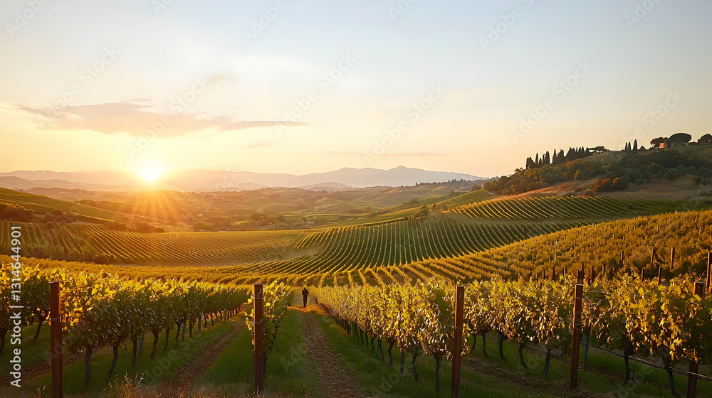 Fototapeta premium Golden Sunrise Over Rolling Hills Vineyard In Tuscany Italy Scenic Landscape At Golden Hour With Warm Sunlight Illuminating The Lush Green Grapevines