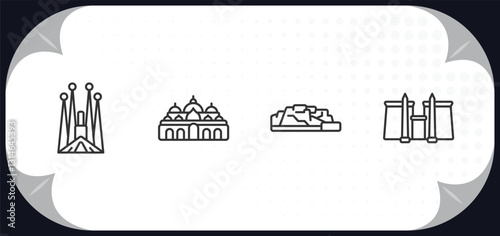 outline icons set - monuments concept. , st mark basilica, potala palace, luxor temple.