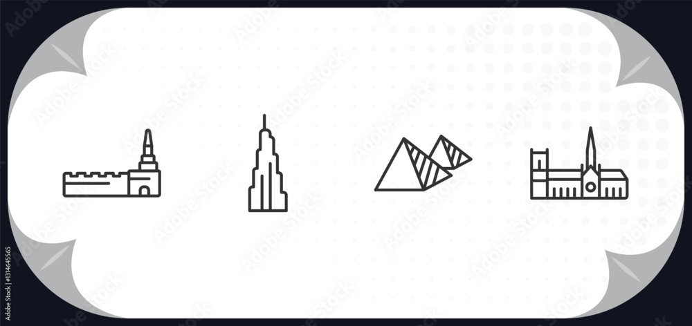outline icons set - monuments concept. moscow, , egyptian, notre dame cathedral. outline icons set - monuments concept. moscow, , egyptian, notre dame cathedral.
