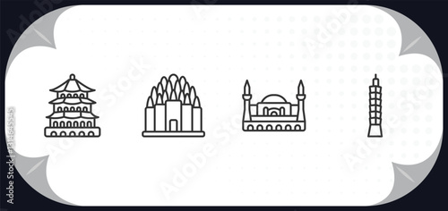 outline icons set - monuments concept. summer palace, prambanan, hagia sophia, .