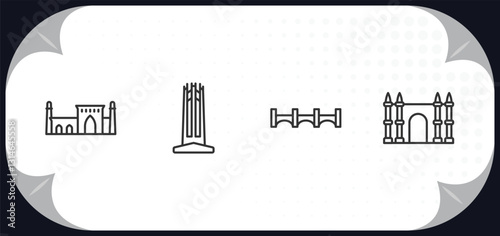 outline icons set - monuments concept. id kah mosque, circle, bridge of the west, spain.
