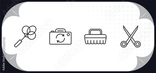 outline icons set - miscellaneous concept. carpet beater, camera front, cleaning brush, scissor.