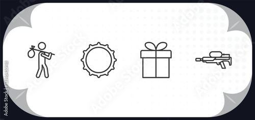 outline icons set - miscellaneous concept. refugee, beer cap, wrapped gift, flame thrower.