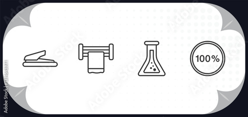 outline icons set - miscellaneous concept. puncher, towel rack, alchemy, 100 percent.