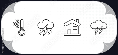 outline icons set - meteorology concept. cold temperature, thunder storm, snowy house, thunder cloud.