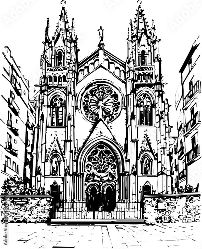 barcelona, coloring page, architecture, arch, building, corridor, stone, column, europe, ancient, arches, arcade, interior, church, abbey, old, arc, medieval, cloister, italy, light, monastery, archwa