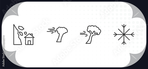 outline icons set - meteorology collection. concept. avalanche and house, wind and bent fir, broken tree by wind, winter.