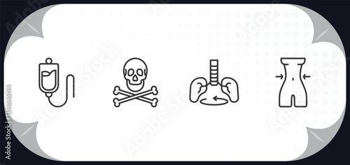 outline icons set - medical concept. plasma, skull and bone, breath control, nutrionist.