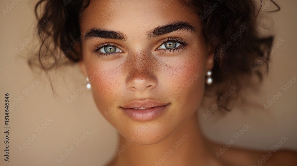 Naklejka premium close-up portrait of woman with pearl earrings and soft smile