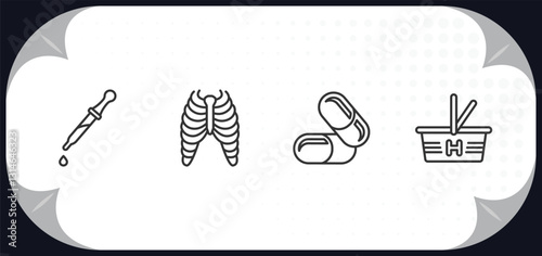 outline icons set - medical concept. eye dropper, sternum, medicine capsules, phary shopping cart.
