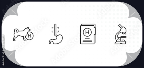 outline icons set - medical concept. canine, esophagus, medical results folders, microscope tool.