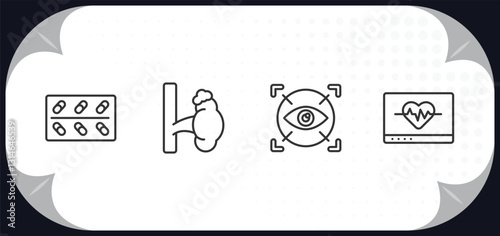 outline icons set - medical concept. cure, adrenal gland, eye scanner medical, heart rate monitor.