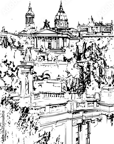 barcelona, coloring page, architecture, arch, building, corridor, stone, column, europe, ancient, arches, arcade, interior, church, abbey, old, arc, medieval, cloister, italy, light, monastery, archwa