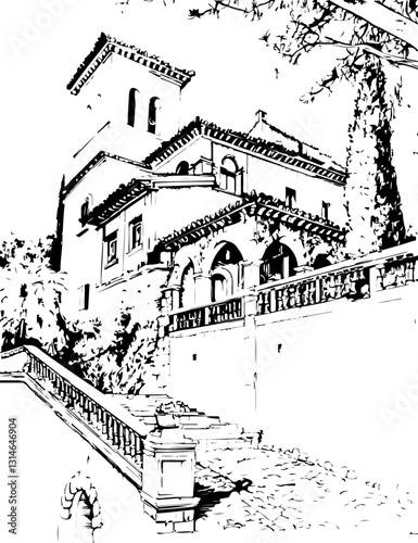 barcelona, coloring page, architecture, arch, building, corridor, stone, column, europe, ancient, arches, arcade, interior, church, abbey, old, arc, medieval, cloister, italy, light, monastery, archwa