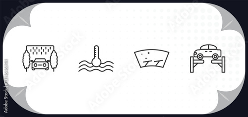 outline icons set - mechanicons concept. car wash hine, car temperature, glass wiper, car on an elevator.