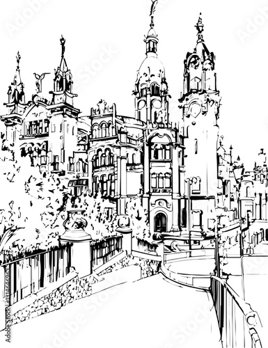 barcelona, coloring page, architecture, arch, building, corridor, stone, column, europe, ancient, arches, arcade, interior, church, abbey, old, arc, medieval, cloister, italy, light, monastery, archwa
