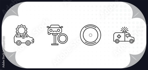 outline icons set - mechanicons concept. car with cogwheels, changing car tire, car wheel, red cross
