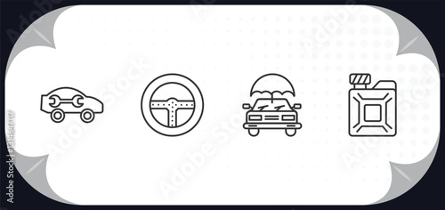 outline icons set - mechanicons concept. car with wrench, car steering wheel, car with an umbrella, change oil.