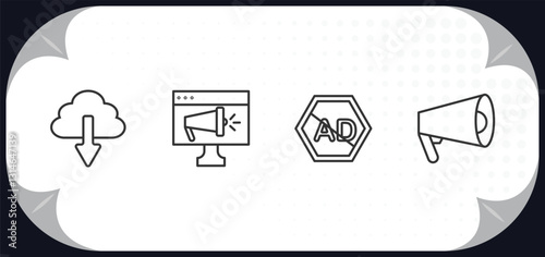 outline icons set - marketing concept. download from cloud, online marketing, ad blocker, promote.