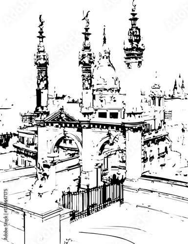 barcelona, coloring page, architecture, arch, building, corridor, stone, column, europe, ancient, arches, arcade, interior, church, abbey, old, arc, medieval, cloister, italy, light, monastery, archwa