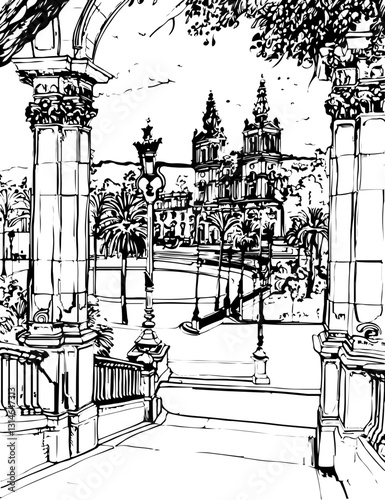 barcelona, coloring page, architecture, arch, building, corridor, stone, column, europe, ancient, arches, arcade, interior, church, abbey, old, arc, medieval, cloister, italy, light, monastery, archwa