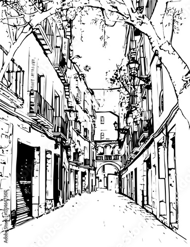 barcelona, coloring page, architecture, arch, building, corridor, stone, column, europe, ancient, arches, arcade, interior, church, abbey, old, arc, medieval, cloister, italy, light, monastery, archwa