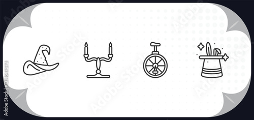 outline icons set - magic concept. witch hat, candelabra, unicycle, trick.